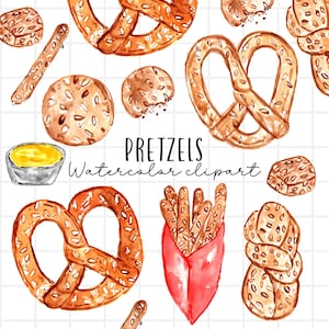 Watercolor clipart - food, pretzel, pretzel sticks, pretzel knot, carnival food, commercial use