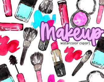 Watercolor makeup cosmetic clipart, beauty graphics in png format digital download with commercial use