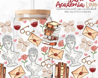 Envoltorio para taza Dark Academia Romance, Envoltorio para lata de vidrio Dark Romance de San Valentín, Envoltorio para taza de vidrio de 16 oz, Envoltorio para lector de Dark Romance, Sublimación PNG