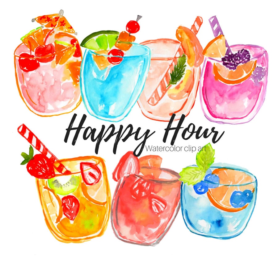 Happy Hour Clip Art Drinks Clipart Food Clipart Watercolor Clipart Commercial Use - Etsy Norway