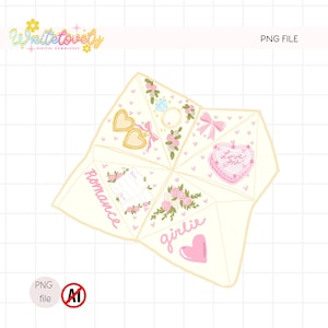 Peut inclure: Un jeu de devinettes en papier déplié de couleur crème, avec des illustrations romantiques et girly. Comprend un médaillon en forme de cœur, une bague en diamant, des roses roses, un nœud rose et un gâteau en forme de cœur avec l'inscription "Love me". Les mots "Romance" et "Girlie" sont également visibles.