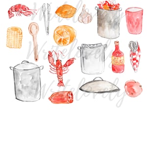 May include: Watercolor illustration of a set of Cajun seafood boil ingredients, including crawfish, corn on the cob, lemons, garlic, hot sauce, and a large pot.