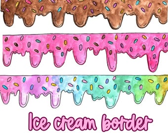 Watercolor ice cream border clipart, ice cream dripping border graphics in png format digital download commercial use