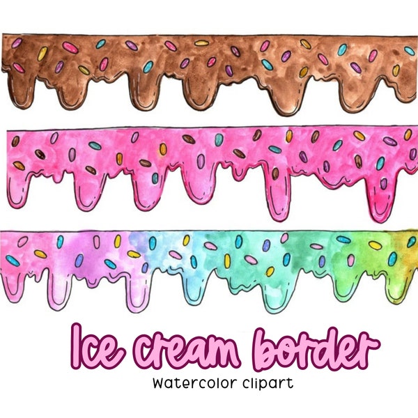 Watercolor ice cream border clipart, ice cream dripping border graphics in png format digital download commercial use