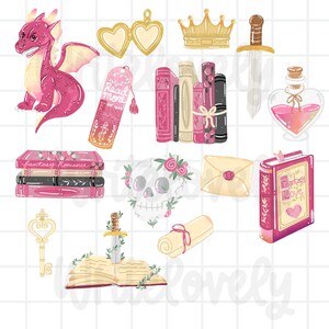 K&ouml;nnte beinhalten: Eine Sammlung von Illustrationen zum Thema Fantasy. Enth&auml;lt einen rosa Drachen, ein herzf&ouml;rmiges Medaillon, eine Krone, ein Schwert, B&uuml;cher, ein Lesezeichen, eine Flasche mit Trank, einen Totenkopf mit floralen Akzenten, einen Umschlag, einen Schl&uuml;ssel, eine Schriftrolle und ein Buch mit "Fantasy Love".