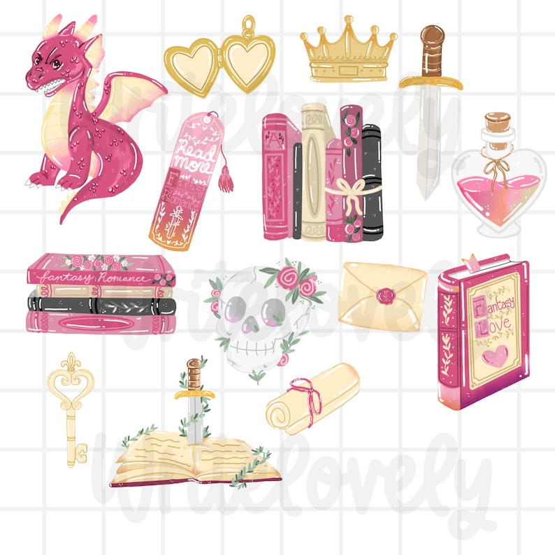 K&ouml;nnte beinhalten: Eine Sammlung von Illustrationen zum Thema Fantasy. Enth&auml;lt einen rosa Drachen, ein herzf&ouml;rmiges Medaillon, eine Krone, ein Schwert, B&uuml;cher, ein Lesezeichen, eine Flasche mit Trank, einen Totenkopf mit floralen Akzenten, einen Umschlag, einen Schl&uuml;ssel, eine Schriftrolle und ein Buch mit "Fantasy Love".