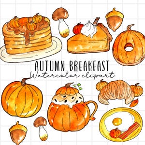 Watercolor fall autumn breakfast clipart, bacon, eggs, pumpkin pie pancakes illustration png files commercial use