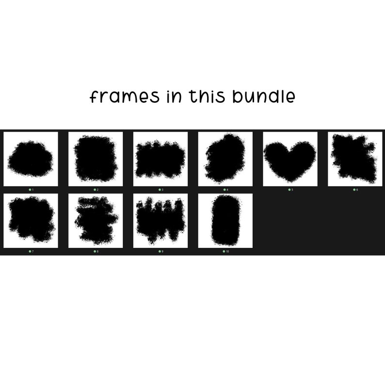 Pu&ograve; includere: Un set di 10 cornici in stile grunge in bianco e nero. Le cornici sono di varie forme, tra cui cerchi, quadrati, rettangoli e cuori. Le cornici sono perfette per aggiungere un tocco unico alle tue foto, opere d'arte o altri progetti.
