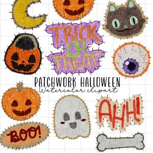 Pode incluir: Uma coleção de desenhos coloridos de patchwork com tema de Halloween costurados. Inclui abóboras, um gato, um globo ocular, um fantasma, um osso e texto que diz "Trick or Treat", "Boo!" e "AHH!". O texto "Patchwork Halloween Watercolor clipart" também está presente.