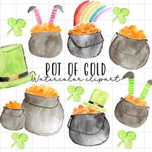 Watercolor st patricks day clipart pot of gold rainbow graphics commercial use