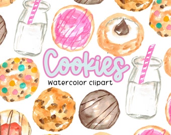 Watercolor cookie clipart, 8 cookies and milk baking graphics in png format, digital download commercial use