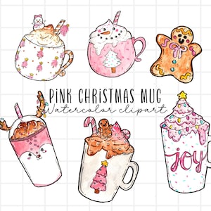 Watercolor clipart - pink christmas mug, coffee, hot chocolate, hot cocoa, cute christmas, holiday cup, pink christmas decor PNG sublimation