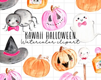 Watercolor halloween clipart, cute pink halloween, pink pumpkins, ghost, jack-o-lantern illustration commercial use png