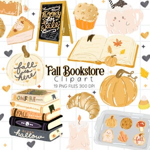 May include: A collection of fall-themed digital illustrations featuring a chalkboard sign with the text Books for Sale, a stack of books, a pumpkin with the text fall is here, a slice of pie, a muffin, a croissant, a candle, and cookies.