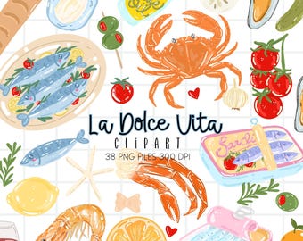 La Dolce Vita Clipart, Seafood summer, Italian summer PNG Clipart Bundle (Digital Download)