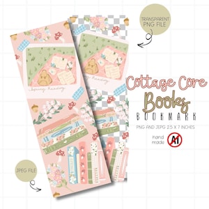 Puede incluir: Dos marcapáginas Cottage Core Books con fondo rosa. Los marcapáginas presentan ilustraciones de libros, flores, setas y el texto "Spring Reading". Los marcapáginas miden 6,35 cm x 17,78 cm.