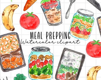 Watercolor clipart - meal prep clip art - nutrition graphics - food - health - workout commercial use