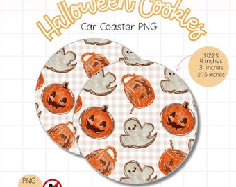 May include: Two round car coasters with a Halloween theme. The coasters feature a repeating pattern of orange pumpkins, gray ghosts, and orange lanterns on a tan and white checkered background. The text "Halloween Cookies" and "Car Coaster PNG" are visible.