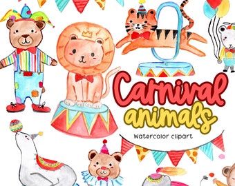 Cute watercolor circus animal clipart, carnival png commercial use digital download