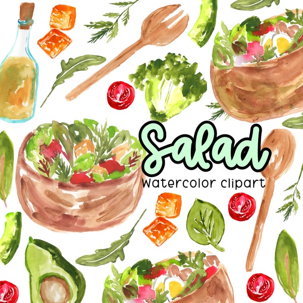 Watercolor clipart - Salad, salad bowl, vegetable, salad greens, tomato, ranch, salad dressing, curtons, olive oil, healthy commercial use