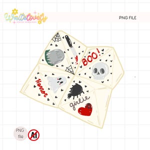 May include: A folded paper fortune teller with Halloween-themed illustrations. The design includes a tombstone, a knife, a skull, a ghost, a spider, and a heart. The words "Horror" and "Boo!" are written on the paper.