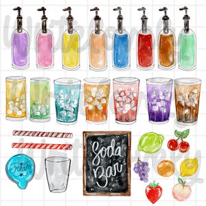 Peut inclure: Illustration &agrave; l'aquarelle d'un bar &agrave; sodas avec divers sirops color&eacute;s, des verres de glace et des fruits frais. Comprend une enseigne de tableau noir avec l'inscription "Soda Bar", ainsi que des pailles ray&eacute;es et une &eacute;tiquette en forme de cr&egrave;me.