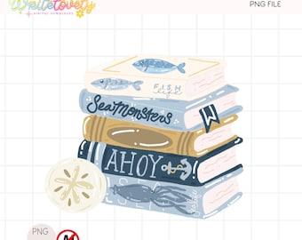 Coastal Bookish PNG, Summer Sea Life Book Design Sticker Digital Download Commercial Use