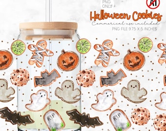 Halloween Cookies PNG glass can wrap, Spooky Tumbler Design, Cute Halloween Bakery, Coffee Cup glass up wrap, commercial use 16oz class wrap