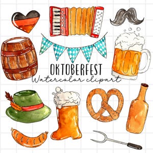 Aquarel illustraties - Oktoberfest, bier, krakeling, eten, herfst, herfst, accordeon, commercieel gebruik