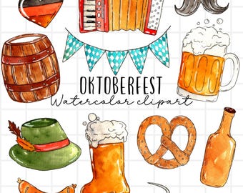 Imágenes prediseñadas de acuarela: Oktoberfest, cerveza, pretzel, comida, otoño, acordeón, uso comercial