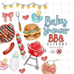 以下が含まれることがあります： ベビーシャワーBBQをテーマにした水彩イラスト。赤いグリル、ハンバーガー、ソーセージ、串、おしゃぶり、哺乳瓶、よだれかけ、装飾要素が含まれています。「Baby shower BBQ Clipart」と書かれたテキスト。