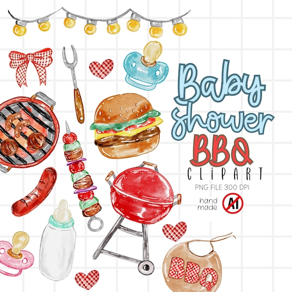 以下が含まれることがあります： ベビーシャワーBBQをテーマにした水彩イラスト。赤いグリル、ハンバーガー、ソーセージ、串、おしゃぶり、哺乳瓶、よだれかけ、装飾要素が含まれています。「Baby shower BBQ Clipart」と書かれたテキスト。