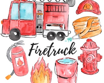 watercolor clip art - firetruck graphics - fire - fire extinguisher - work car - commercial use - digital download