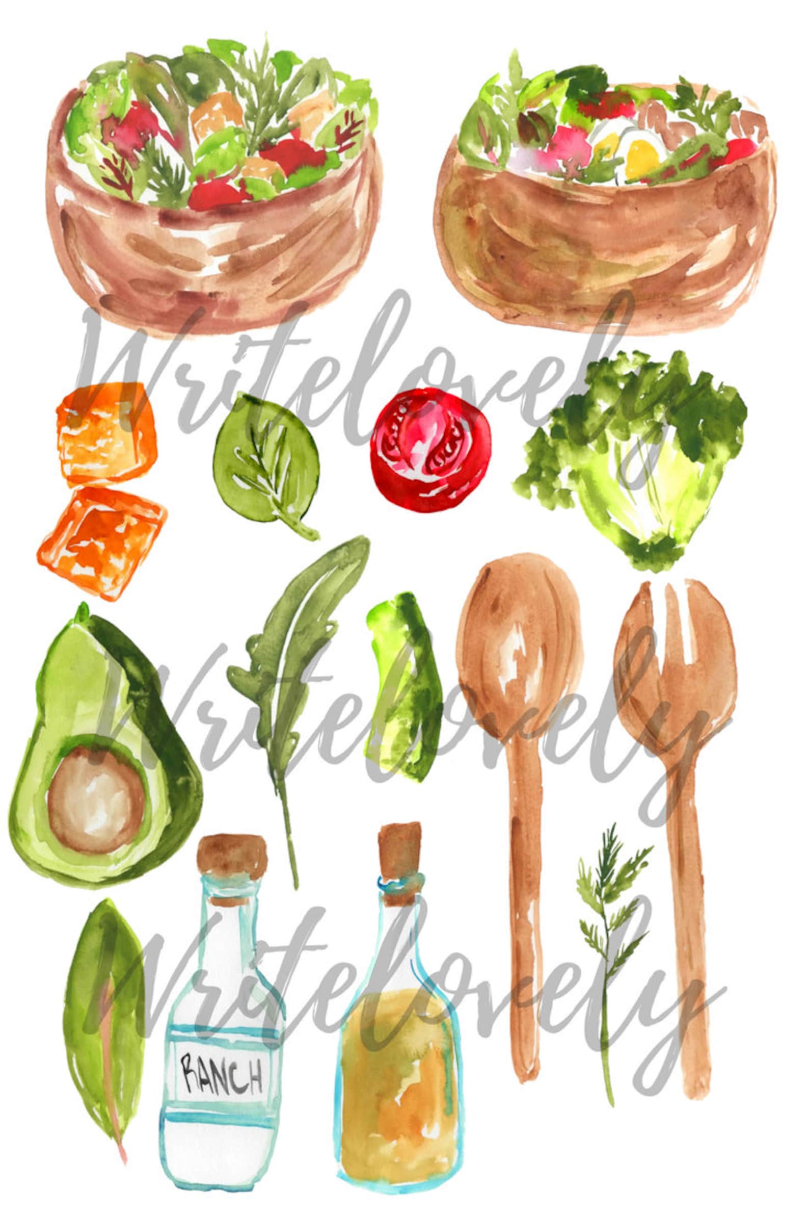 Watercolor Clipart Salad Salad Bowl Vegetable Salad - Etsy