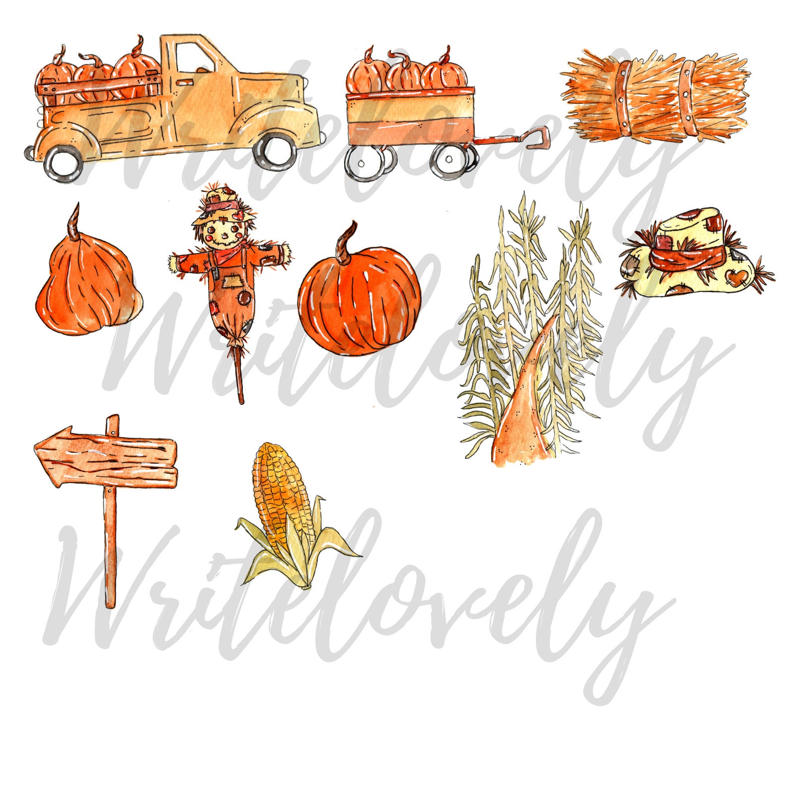 Watercolor Clipart - Corn Maze Clipart, Scare Crown, Pumpkin Patch ...