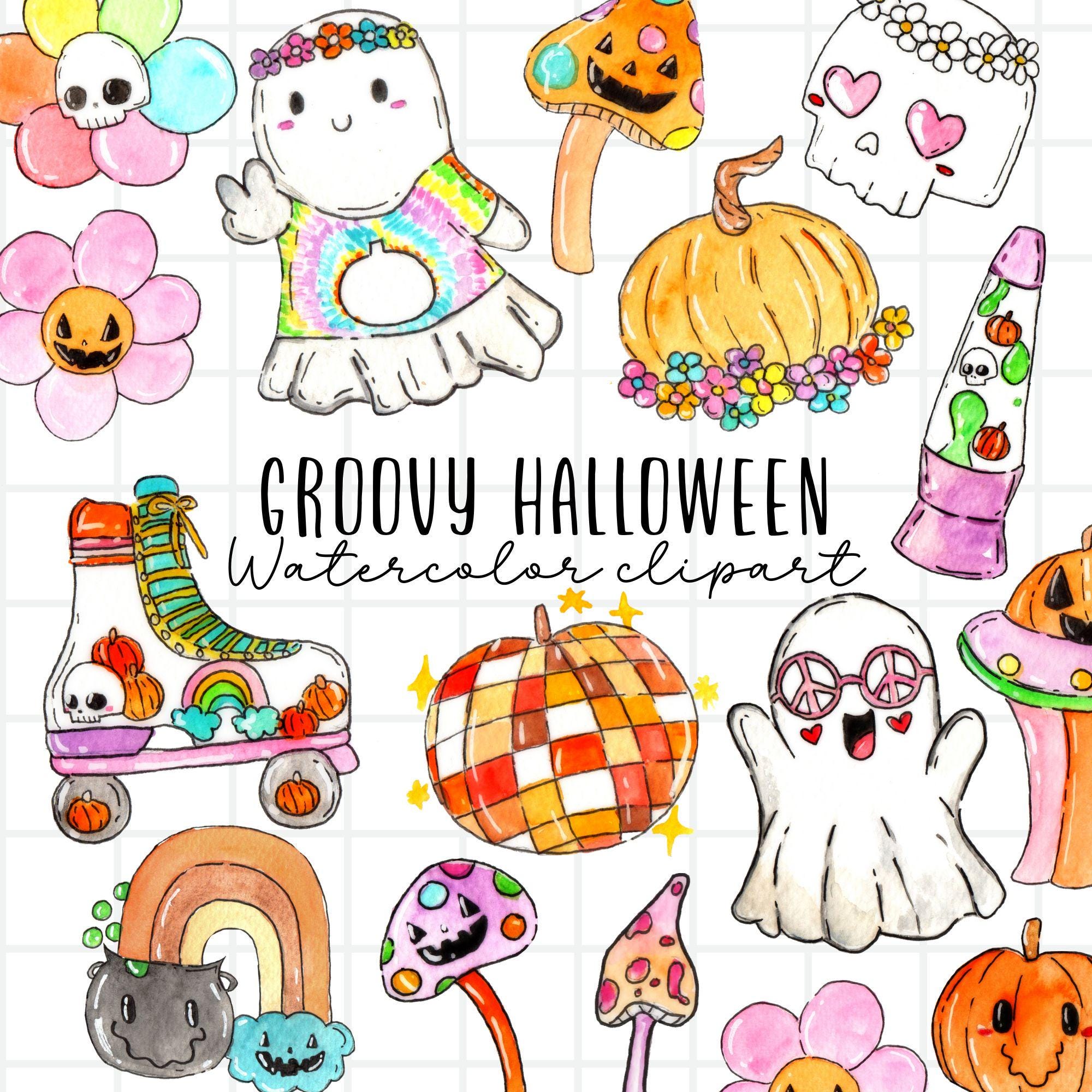 Watercolor clipart - Halloween, hippie, groovy, tie dye, ghost, pumpkin, vintage camper, autumn, fall, bohemian, commercial use, PNG