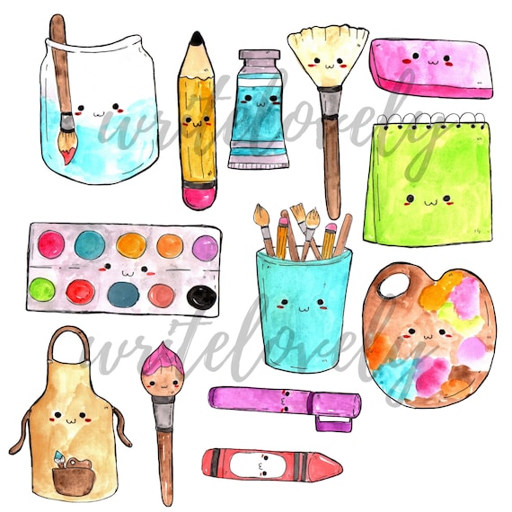 Cute kawaii watercolor clip art - art supplies - back to school PNG  illustrations for commercial use