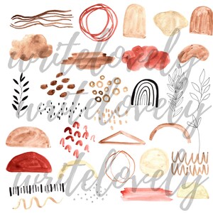 Puede incluir: Un conjunto de clipart digital con formas y patrones abstractos en tonos marrones, rojos y amarillos. Las formas incluyen c&iacute;rculos, semic&iacute;rculos, l&iacute;neas y puntos. Los patrones incluyen rayas, zigzags y espirales.