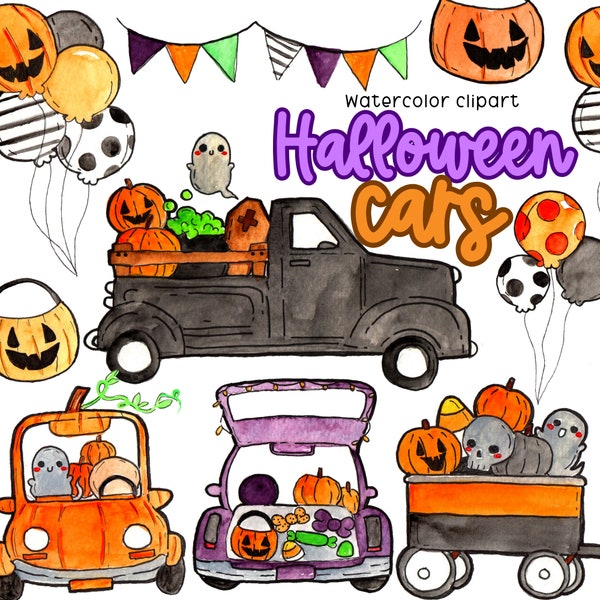 Halloween clipart - watercolor, Halloween car, truck, spooky car, trunk or treat, trick or treat fall autumn transportation commercial use