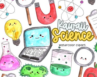 Watercolor cute kawaii clip art set - school science class PNG file for commercial use