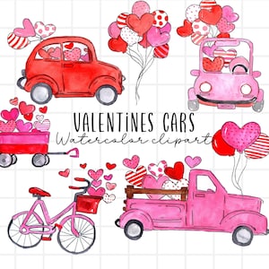 Clipart di San Valentino - Clipart acquerello - Auto - Moto - Camion - Trasporti di San Valentino
