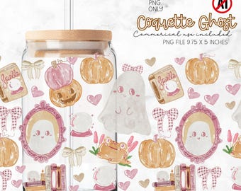 Girly Pink Coquette Halloween Glass Wrap, Bookish Ghost Coffee Glass Wrap, Halloween Can Cup Wrap, Couqette Halloween PNG Commercial use