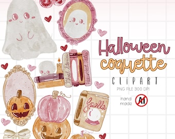 Halloween Coquette Clipart, Watercolor clipart, Girly Ghost PNG, Pink Halloween, Spooky Girly Clipart, Bookish Halloween Clipart.