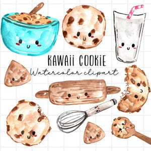 Clipart de cookie kawaii aquarelle, cookies mignons et graphiques de lait au format PNG usage commercial
