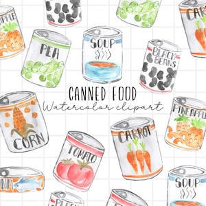 Watercolor canned food clipart, groceries, food shopping,produce vegetable illustration commercial use