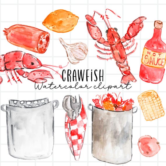 Crawfish boil watercolor clip art - summer seafood graphics - commercial use