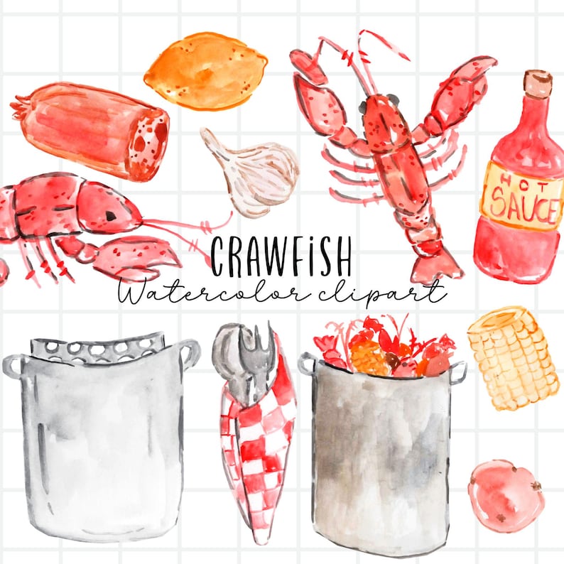 Crawfish boil watercolor clip art - summer seafood graphics - commercial use image 1