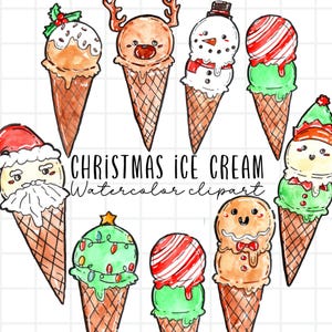 Aquarel clipart - kerstclipart, ijs, kersttraktaties, vakantievoedsel, ijshoorntje, ijslepel, commercieel gebruik
