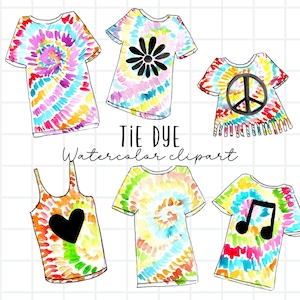 Watercolor tie dye clipart, summer clothing, retro groovy hippie png digital download commercial use image 1