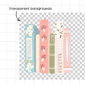 Op de afbeelding: Een stapel ge&iuml;llustreerde boeken met een transparante achtergrond. De boeken zijn in pastelkleuren, waaronder lichtblauw, roze en groen. E&eacute;n boek zegt "SPRING" en een ander "RECIPES". De boeken zijn versierd met bloemen- en paddenstoelontwerpen.